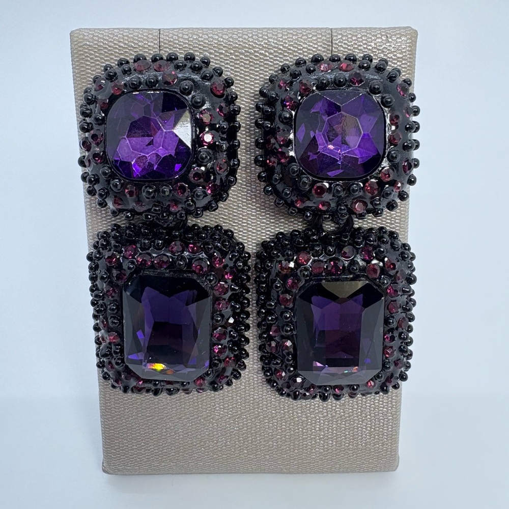 Purple Crystal Rectangle And Black Plated Statement Dangle Earrings, Brand New